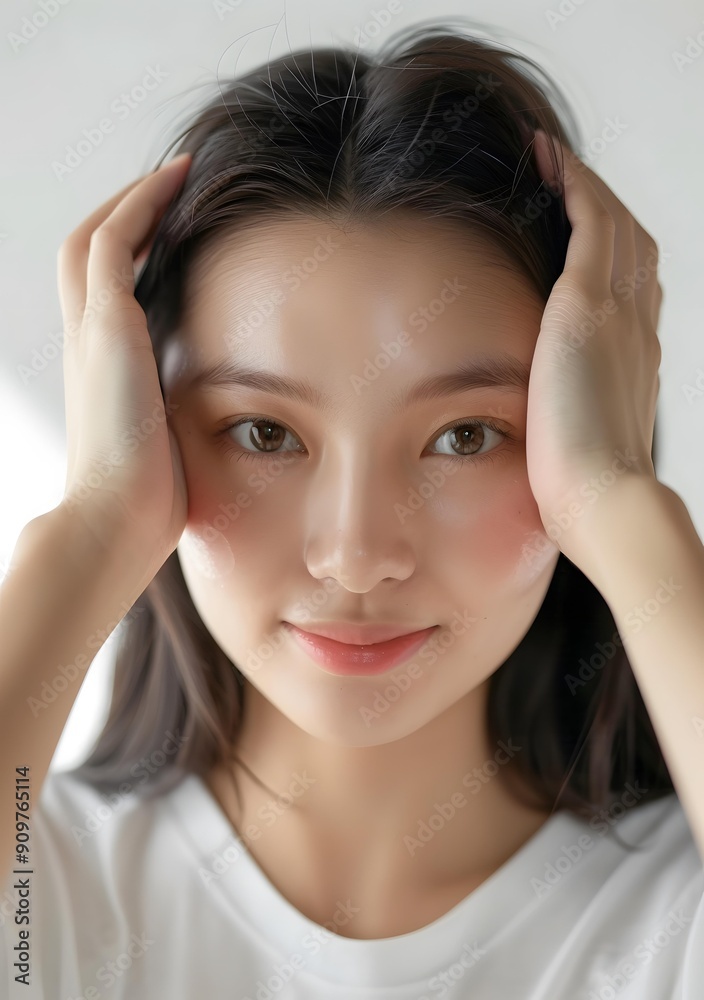Closeup Portrait of a Young Asian Woman with Long Black Hair Touching her Face Closeup Portrait of a Young Asian Woman with Long Black Hair Touching her Face