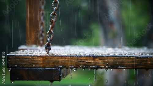 Wooden swing wet from the rain close up