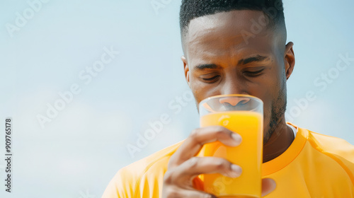 An athlete drinking orange juice after a workout, with text explaining the recovery and energy benefits of the juice photo