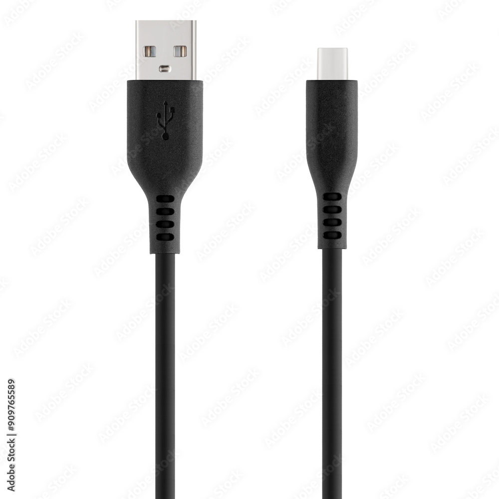 Black cable for charging and synchronization with Type - C, USB, Micro USB, Lightning connectors on a white background close-up