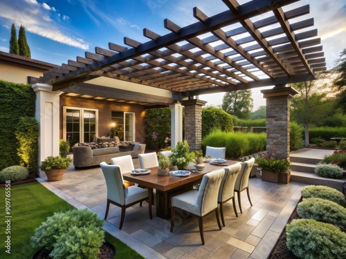 Elegant outdoor patio features a dark wood pergola with awning, patio roof, white dining set, metal grill, and lush landscaping in a luxury setting.