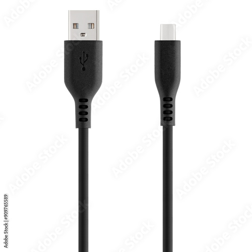 Obraz na płótnie Black cable for charging and synchronization with Type - C, USB, Micro USB, Lightning connectors on a white background close-up w salonie