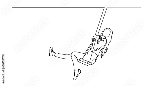 Continuous line drawing of a happy young woman swinging on a swing.single-line carefree girl riding on a swing concept of happy life, joy.
