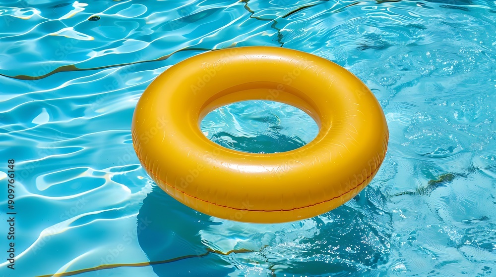 Yellow inflatable baby float ring in open air swimming pool Yellow inflatable baby float ring in open air swimming pool