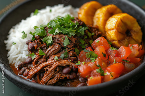 Cuban cuisine with this classic Ropa Vieja dish. Tender shredded beef is slow-cooked with tomatoes, onions, bell peppers, garlic, and a blend of aromatic spices photo