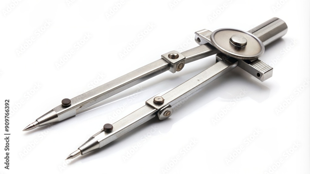 A stainless steel math compass with sharp point and adjustable legs lies on a clean white background, ready for precise circle drawings and mathematical measurements. A stainless steel math compass with sharp point and adjustable legs lies on a clean white background, ready for precise circle drawings and mathematical measurements.