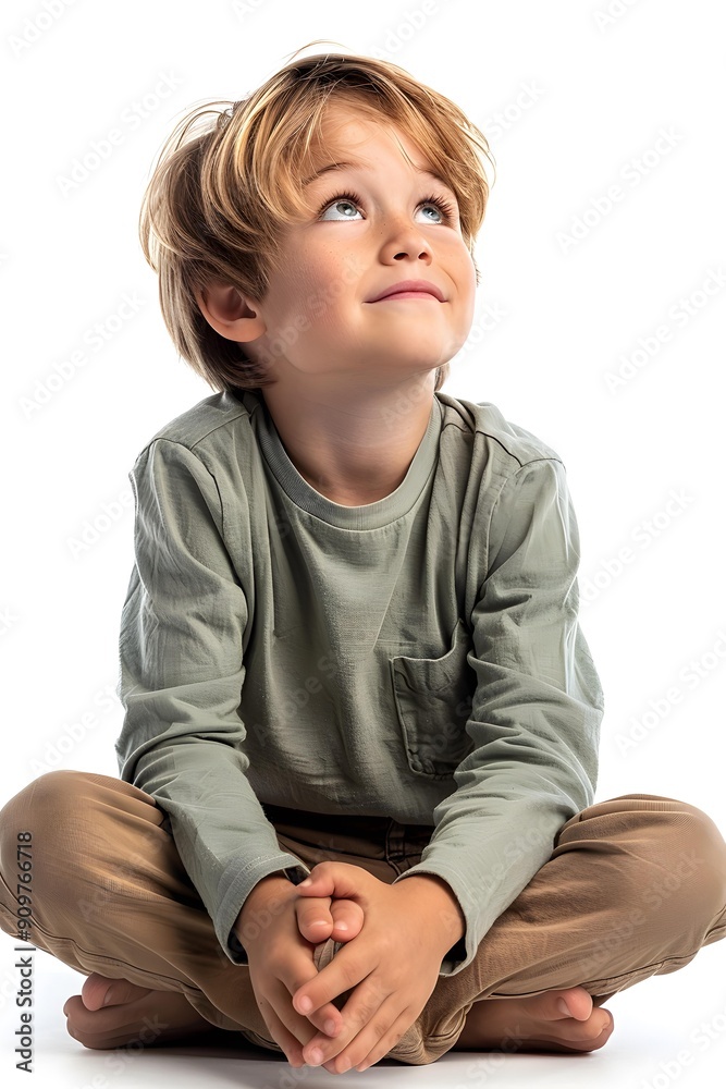 Young Boy Sitting Cross Legged Looking Up In Thought Young Boy Sitting Cross Legged Looking Up In Thought