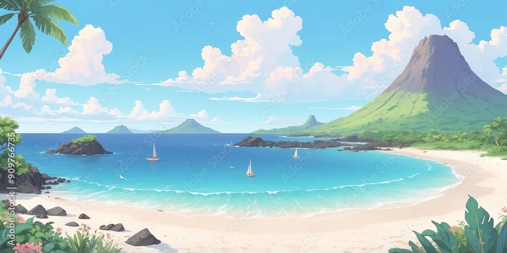 Naklejka premium Soft pastel anime style casual beach in ecuador scene for background