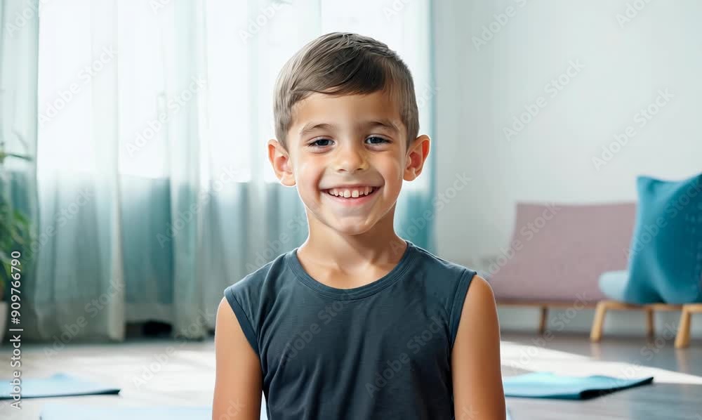 Portrait of cute little boy smiling at camera while doing yoga at home Portrait of cute little boy smiling at camera while doing yoga at home