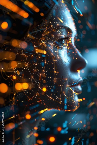 Futuristic Digital Portrait of a Woman with Abstract Technology Elements