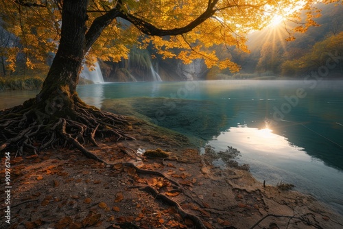 Colorful autumn foliage and cascading waterfalls in Plitvice Lakes National Park photo