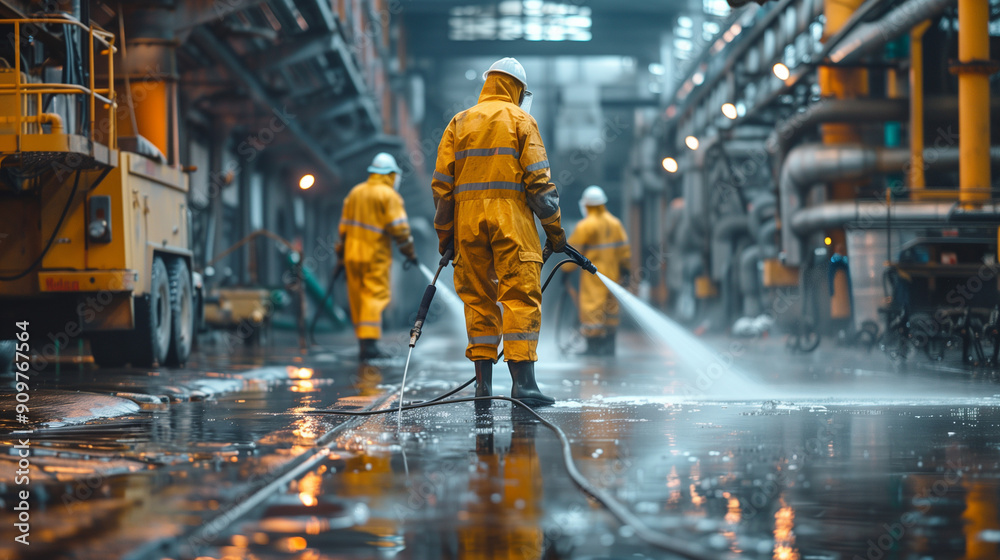 Team of industrial cleaners in protective gear, pressure washing a factory floor Team of industrial cleaners in protective gear, pressure washing a factory floor