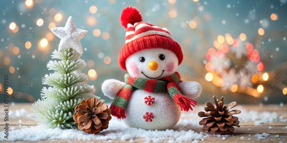 Adorable snowman plush toy with red scarf and hat, holds a small snowflake decoration, sitting on a festive holiday background with snowflakes and pinecones.