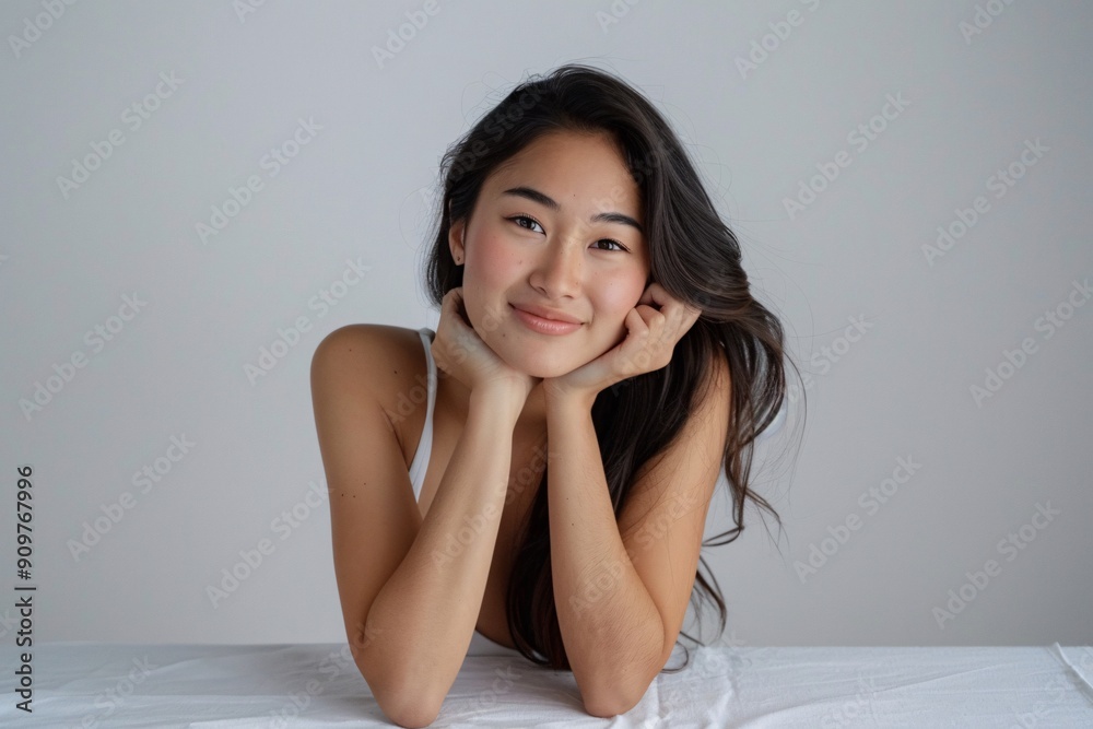 Half-body photo of an Asian woman with long, flowing hair and flawless makeup with hand on face pose Half-body photo of an Asian woman with long, flowing hair and flawless makeup with hand on face pose