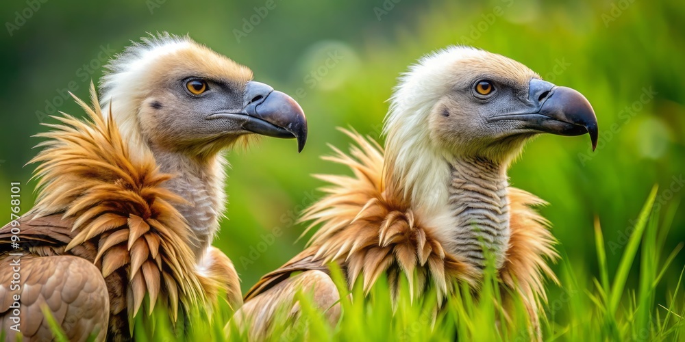 Two majestic Griffon Vultures, with feathery plumage and sharp beaks, perch on lush green grass, gazing intensely into the distance with piercing brown eyes. Two majestic Griffon Vultures, with feathery plumage and sharp beaks, perch on lush green grass, gazing intensely into the distance with piercing brown eyes.