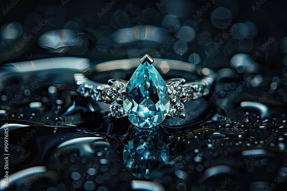 Radiant pear-shaped aquamarine ring with diamond accents on a black glossy background Radiant pear-shaped aquamarine ring with diamond accents on a black glossy background