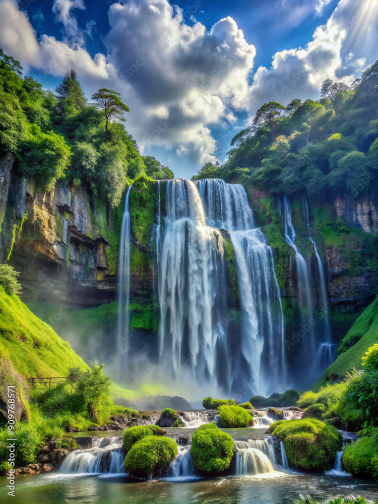 Naklejka premium waterfall in the forest, water, nature, cascade, landscape, falls, river, forest, stream, fall, rock, park, green, flowing, flow, rocks, stone, beauty