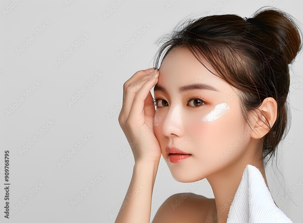 Asian Woman Applying Facial Cream Beauty Skincare Asian Woman Applying Facial Cream Beauty Skincare