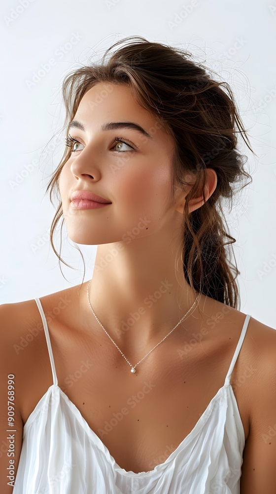 portrait of a beautiful young woman with brown hair and green eyes wearing a white dress and a pearl necklace portrait of a beautiful young woman with brown hair and green eyes wearing a white dress and a pearl necklace