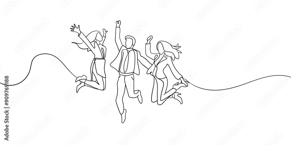 Happy work team continuous line art drawing isolated on white background. 3 Jumping office friends line art. Vector illustration