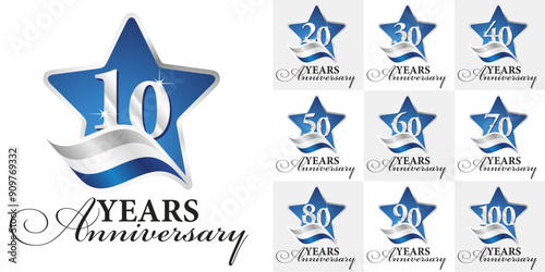 Set of Anniversary decades vector creative design star emblems with ribbon and silver numbers blue color on white background for celebration event, invitation, greeting, template, leaflet