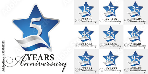 Set of Anniversary vector creative design star emblems with ribbon and silver numbers blue color on white background for celebration event, invitation, greeting, web template, leaflet and booklet.ai