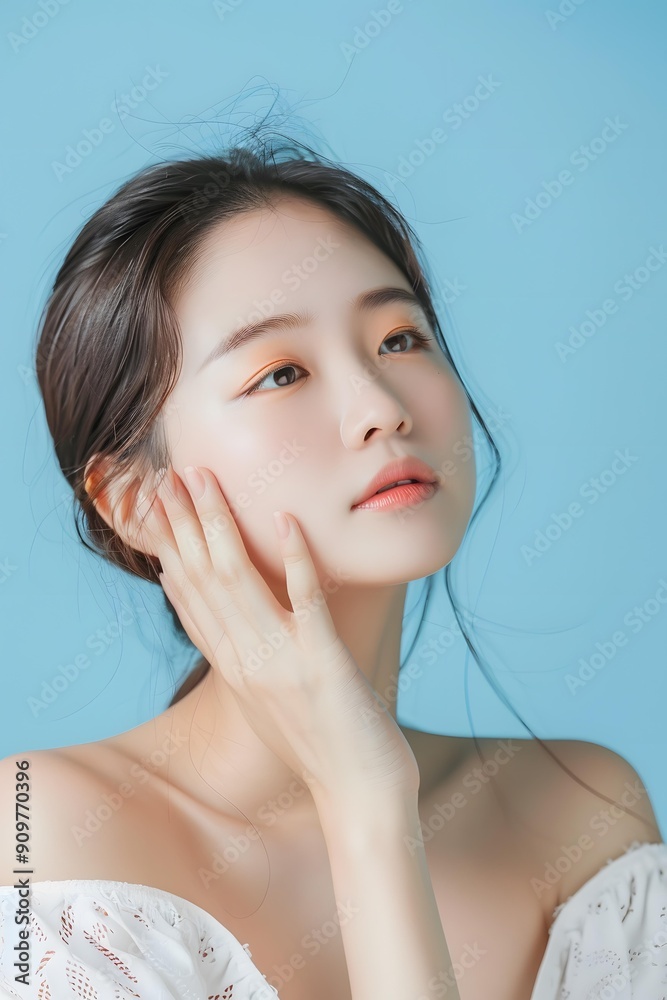 Beautiful Asian Woman with Light Makeup Posing Against a Blue Background Beautiful Asian Woman with Light Makeup Posing Against a Blue Background