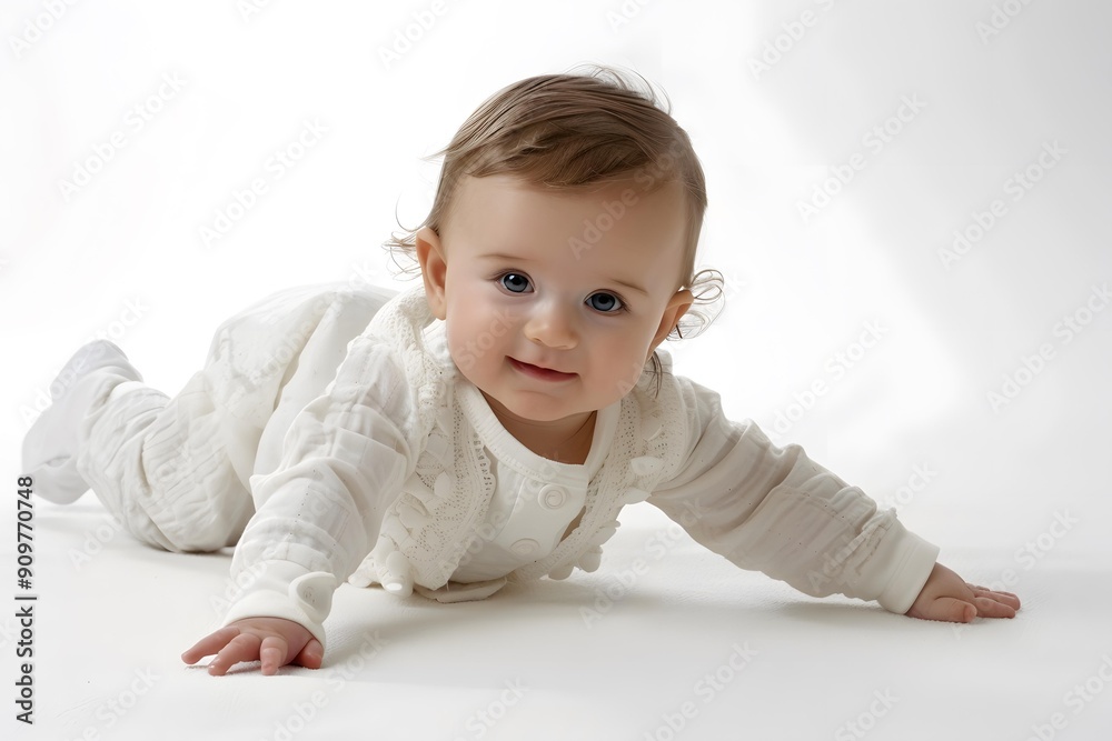 An adorable baby girl in a white dress is crawling on the floor An adorable baby girl in a white dress is crawling on the floor