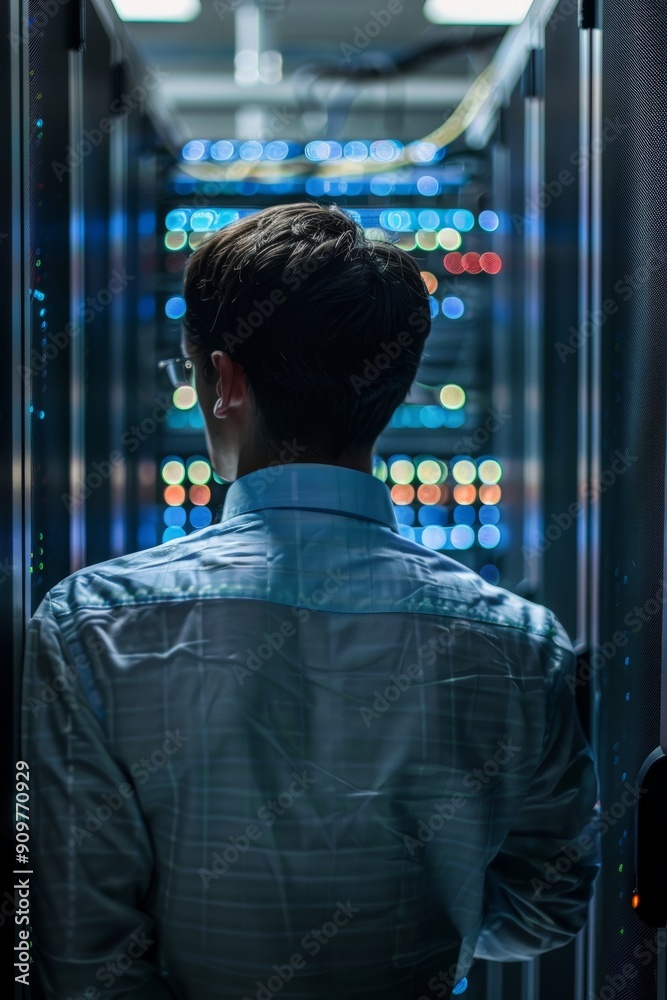 Back view of a network defense expert. Back view of a network defense expert.