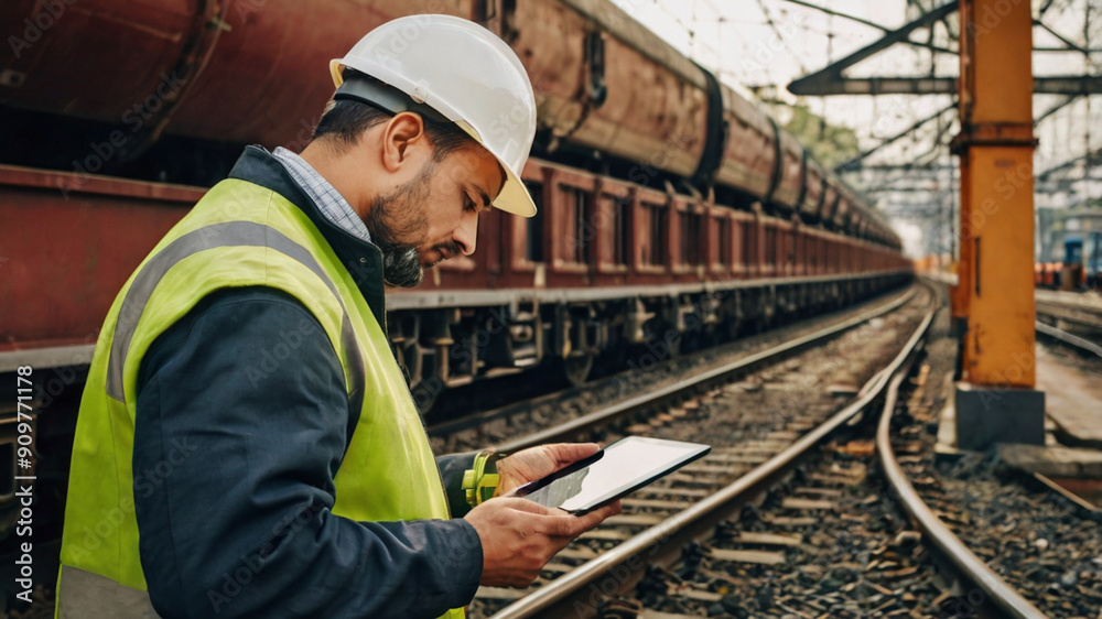 field worker looking at his notes on a tablet standing next to the railroad tracks field worker looking at his notes on a tablet standing next to the railroad tracks