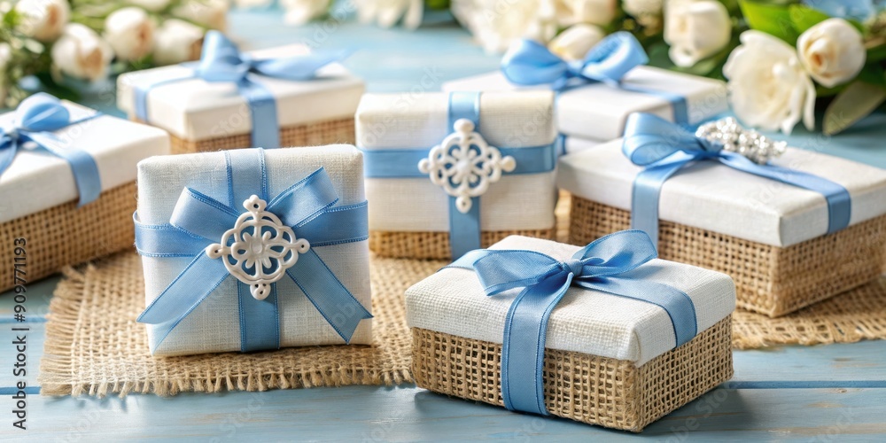 Elegant baptism and first communion favors in blue and white, featuring custom monogrammed guest boxes adorned with jute ribbon and delicate handmade soap gifts. Elegant baptism and first communion favors in blue and white, featuring custom monogrammed guest boxes adorned with jute ribbon and delicate handmade soap gifts.