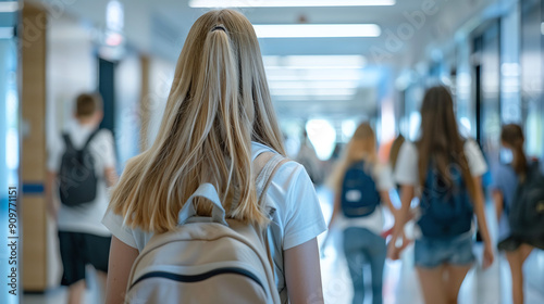 A schoolgirl with a backpack walks along the school corridor