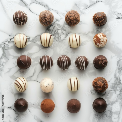 Chocolate truffles, sweets on marble background, scattered chocolates on natural white stone top view