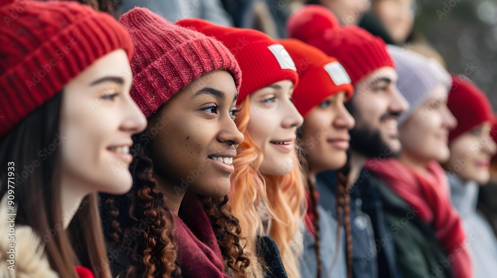 Group of People Wearing Red Beanies Looking to the Same Direction Group of People Wearing Red Beanies Looking to the Same Direction