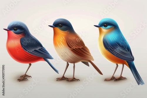 Bird icon isolated, color birds illustration, realistic style animal, popular bird species drawing on white