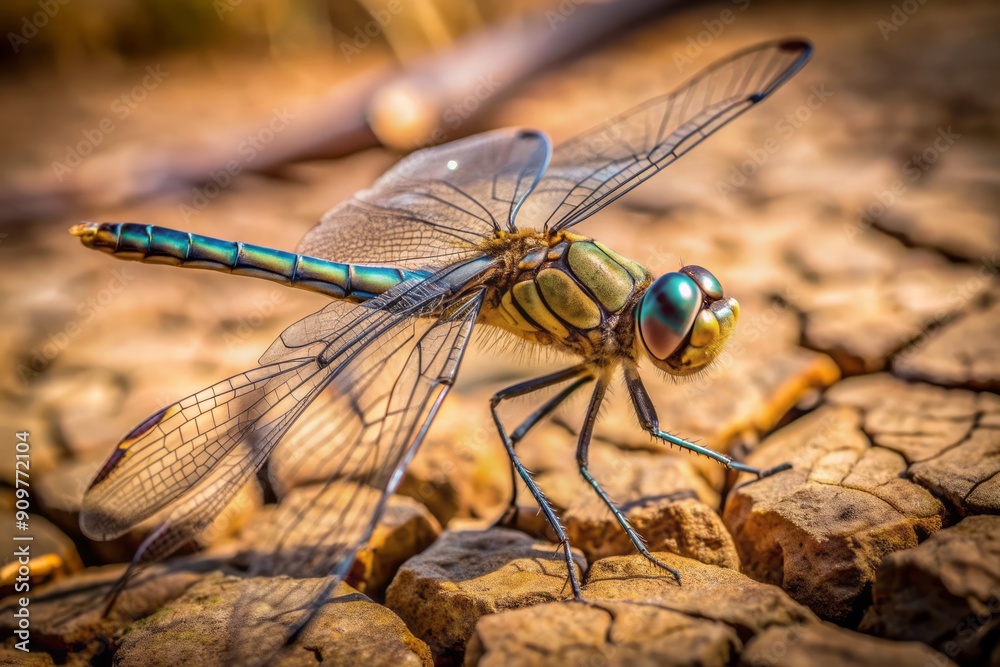 A delicate dragonfly perches on a parched riverbank, its iridescent wings a vibrant contrast to the dull, cracked earth and withered vegetation surrounding it. A delicate dragonfly perches on a parched riverbank, its iridescent wings a vibrant contrast to the dull, cracked earth and withered vegetation surrounding it.