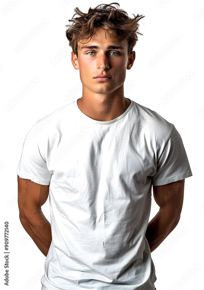 Portrait of a young male model with blue eyes and brown hair wearing a white shirt Portrait of a young male model with blue eyes and brown hair wearing a white shirt