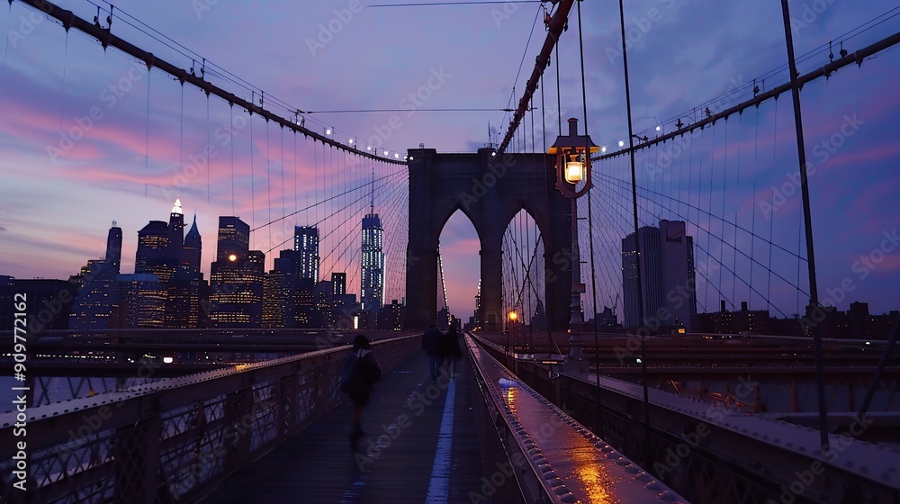 Naklejka premium Brooklyn Bridge at Dusk with Manhattan Skyline in the Background