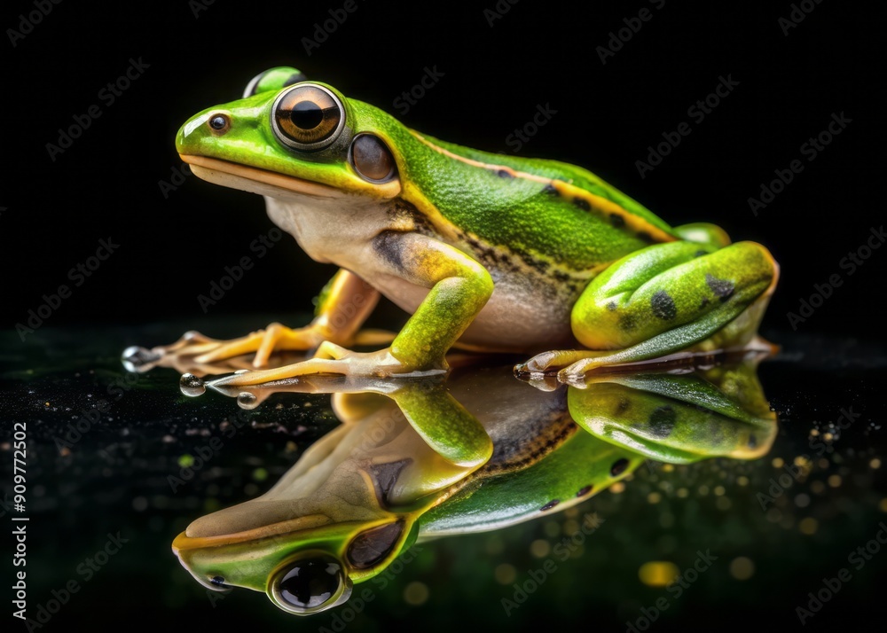 Vibrant green froglet with remnants of tadpole tail, undergoing metamorphosis, sits isolated on black background, showcasing intricate details of its transformative stage. Vibrant green froglet with remnants of tadpole tail, undergoing metamorphosis, sits isolated on black background, showcasing intricate details of its transformative stage.