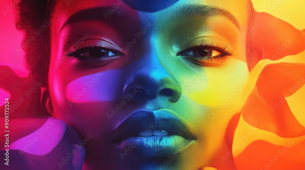 Close-up portrait of a woman's face against a vibrant, multicolored backdrop Close-up portrait of a woman's face against a vibrant, multicolored backdrop