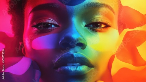 Close-up portrait of a woman's face against a vibrant, multicolored backdrop