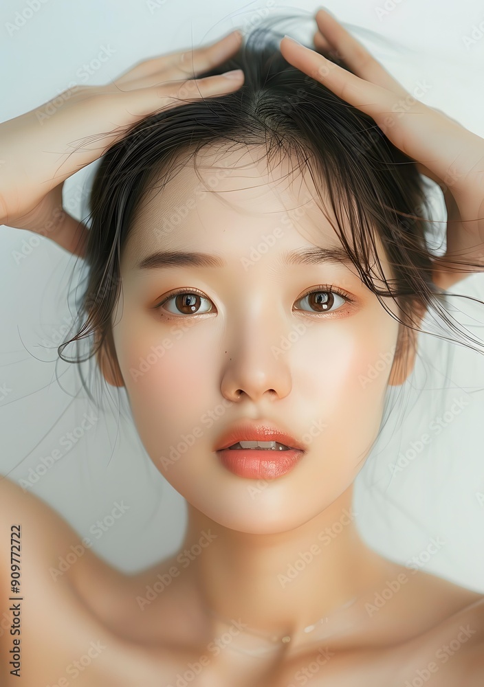 Portrait of a Young Asian Woman with Her Hands on Her Head Portrait of a Young Asian Woman with Her Hands on Her Head