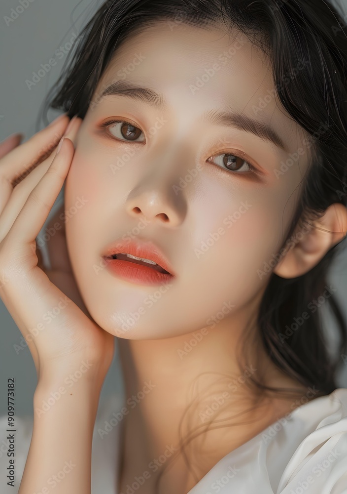 Naklejka premium Closeup Portrait of a Young Asian Woman with Soft Makeup and Hair