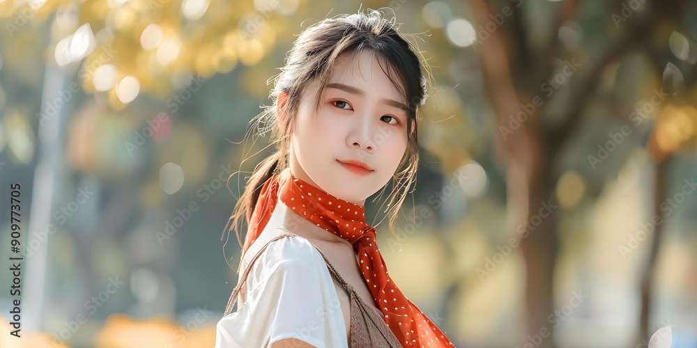 Young Asian Woman in a Red Scarf, Outdoor Portrait