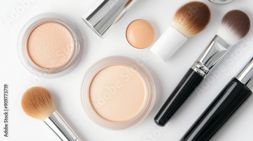 A collection of multiple makeup brushes and cosmetics neatly arranged on a white background, showcasing the essentials for a complete makeup kit. photo