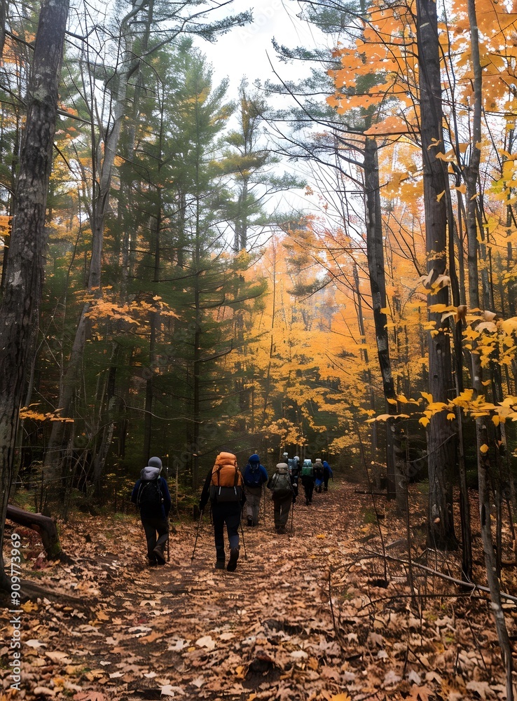 Hikers Walking Through Autumn Forest Hikers Walking Through Autumn Forest