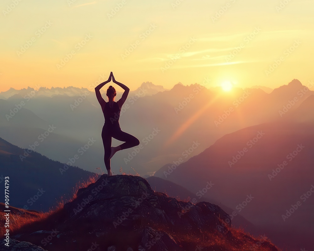Silhouette of a woman practicing yoga at sunrise in the mountains Silhouette of a woman practicing yoga at sunrise in the mountains