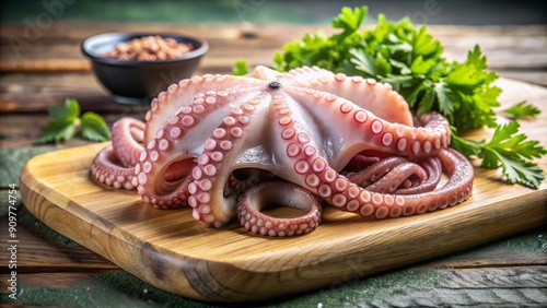 Freshly caught raw octopus sprawled on a wooden cutting board, its soft pinkish-white tentacles curled, glistening with dew, ready for culinary preparation. photo