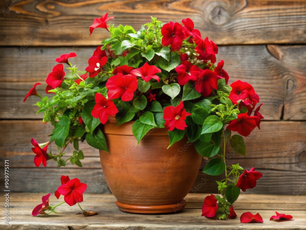 Vibrant red flowering vine spills beautifully over the edges of a rustic terra cotta pot, perfectly presented as a thoughtful and elegant indoor gift. Vibrant red flowering vine spills beautifully over the edges of a rustic terra cotta pot, perfectly presented as a thoughtful and elegant indoor gift.