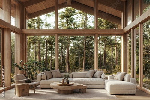 getaway living room with a view  luxury hotel lobby in a forest.